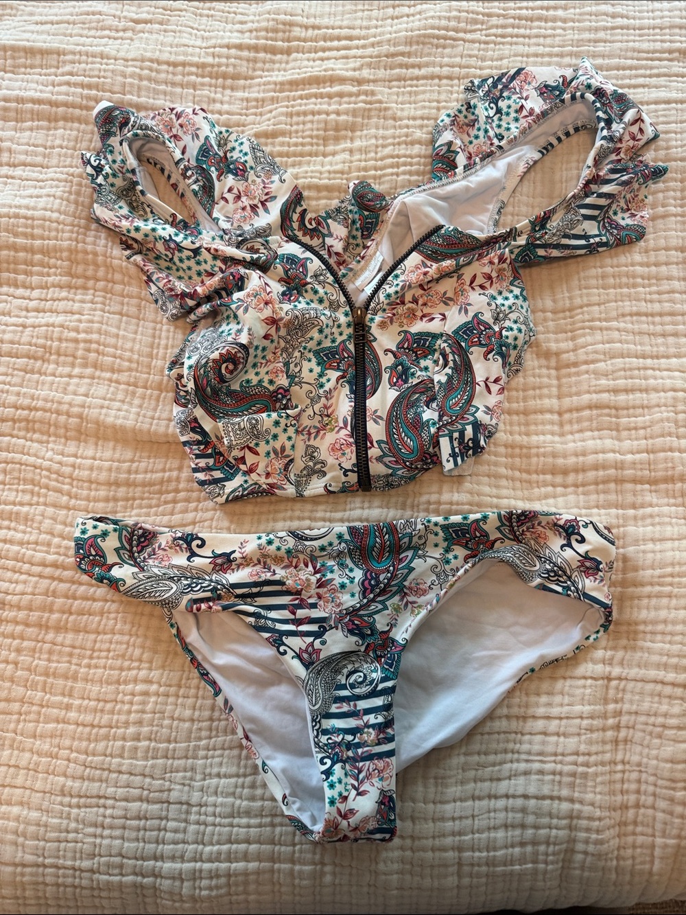 OndadeMar Paisley Print Bikini in White, Teal, Pink